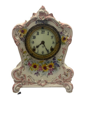 Antique Ansonia Royal Bonn La Clair Porcelain Mantel Clock 8 Day Key Wind Floral